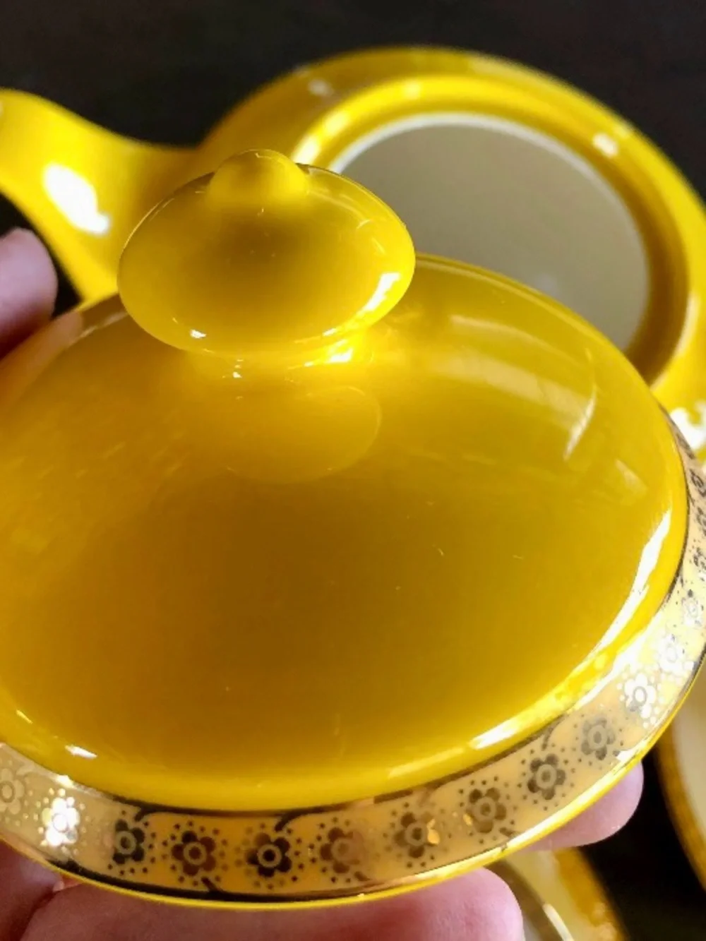 Rare Teavana Noble Poppy Yellow Bone China Tea Set 9 Pc 14k Gold